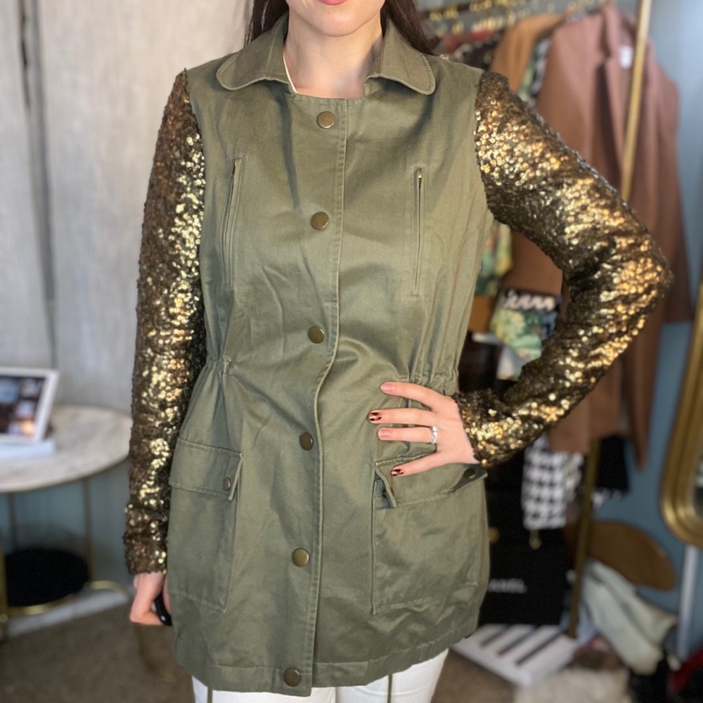 Gold sequin sleeved utility jacket